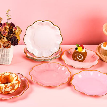 AimFun 48 Pcs Pink Party Plates Gradient Pink Dessert Paper Plates 7inch Gold Foil Scalloped Edge Disposable Cake Plates for Mothers Day Birthday Bridal Baby Shower Wedding Party Supplies - color: Pink