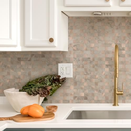 Yipscazo Peel and Stick Backsplash Tile, Stick on Stainless Steel Look Backsplash Metal Tiles for Kitchen Walls in Beige Stone Mixed Metal (12''x12'',10 Sheets) - color: Beige Stone mixed Metal