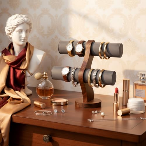 RattanView 2 Tier Walnut Bracelet Holder Display Wooden Watch Stand Organizer T Bar Rack Storage Tower for Selling Retail - color: Gray