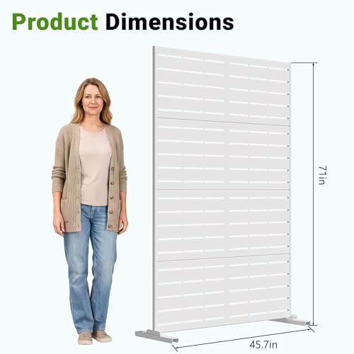 DoCred Metal Privacy Screen, 71" H X 45.7" W Freestanding Rustproof Steel Privacy Panels, Metal Outdoor Privacy Screens Decorative Fence with Stand for Deck, Patio, Backyard & Balcony - color: White Louvered Pattern, size: 71" H x 45.7" W