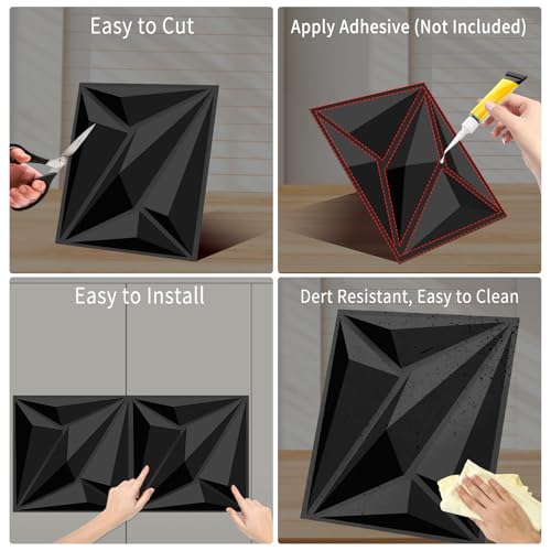 Decorative 3D Wall Panels, 33 Pack Textured PVC Tiles 12x12 Inch, Black - Covers 33 Sq Ft, Modern Wall Art for TV Wall & Game Room, Waterproof & Cuttable (Glue Required)