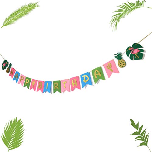 Hawaiian Birthday Party Decoration for Luau Summer Pool Glitter Gold Birthday Banner for Aloha Party Coconut Palm and Beach Happy Birthday Banner Photography Props