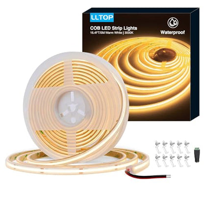 LLTOP COB LED Strip Lights Waterproof IP67 DC24v Warm White 3000K 16.4ft/5m High CRI 92Ra+ Outdoor LED Tape Lighting DIY Cuttable for Bedroom Kitchen Cabinet Shelf (Power Supply Not Included) - color: Warm White 3000K (power supply not included)
