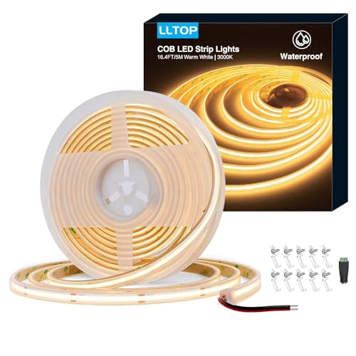 LLTOP COB LED Strip Lights Waterproof IP67 DC24v Warm White 3000K 16.4ft/5m High CRI 92Ra+ Outdoor LED Tape Lighting DIY Cuttable for Bedroom Kitchen Cabinet Shelf (Power Supply Not Included) - color: Warm White 3000K (power supply not included)