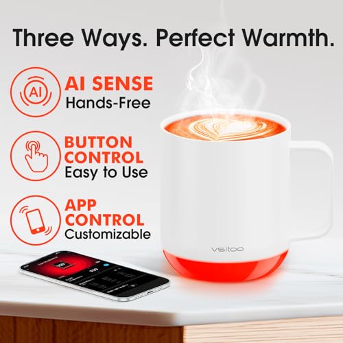 Vsitoo S6 Plus Smart Coffee Mug, 12oz,Temperature Controlled Mug & Electric Coffee Mug with Music Sync Lights，Auto-Sensing AI Heats Drinks to 120-150°F Hands-Free. Ideal for Home/Office/Gifts - White - color: White