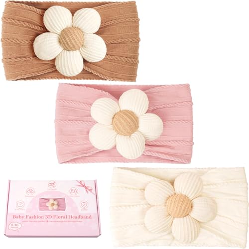 CÉLLOT Baby Flower Headbands Baby Girls Nylon Headbands Baby Essentials Stretchy Hairbands Handmade Hair Accessories for Newborn Infant Toddlers Kids (Pink,Brown,Beige) - color: Pink+Brown+Beige