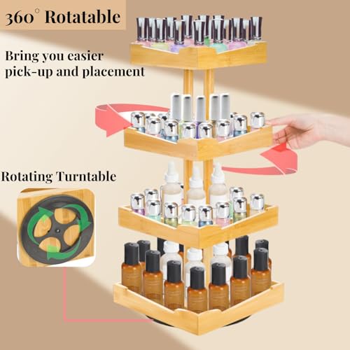 ZAVOOS Nail Polish Organizer, 4 Tier Bamboo Stand Essential Oil Display Rack for 120-212 Bottles, 360° Rotating Large Capacity Cosmetics Storage Shelf Holder for Home Spa, Business Salon