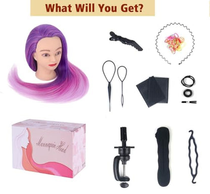 Mannequin Head with Hair, Beauty Star Doll Head for Styling, 29" Long Syntheic Hair Cosmetology Hairdressing Training Practice Manikin Head with Clamp Stand and Braiding Kit for Girls - color: Pink & Purple