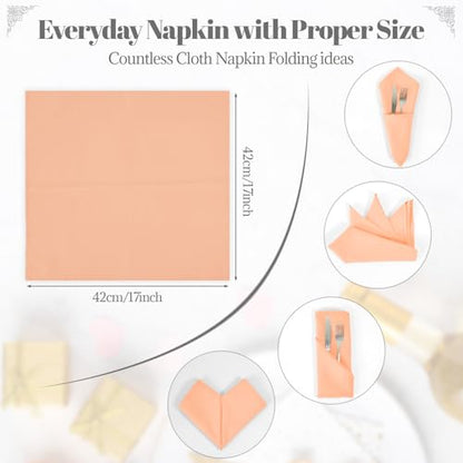 PLOYMONO Peach Heavy Duty Cloth Napkins - 17 x 17 Inch Solid Washable Polyester Dinner Napkins - Set of 8 Napkins with Hemmed Edges - Great for Weddings, Parties, Banquets Dinner & More - color: Peach