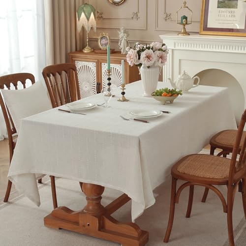 Natural Linen Cottton Tablecloth Rectangle, Rustic Elegant Tablecloth, Textured Jacquard Neutral Fabric, Washable Table Cover for for Dining Table Farmhouse Kitchen Party (Vertical-Weave, 70" x 55" ) - color: Rustic Vertical-weave, size: 70" x 55" (Rectan