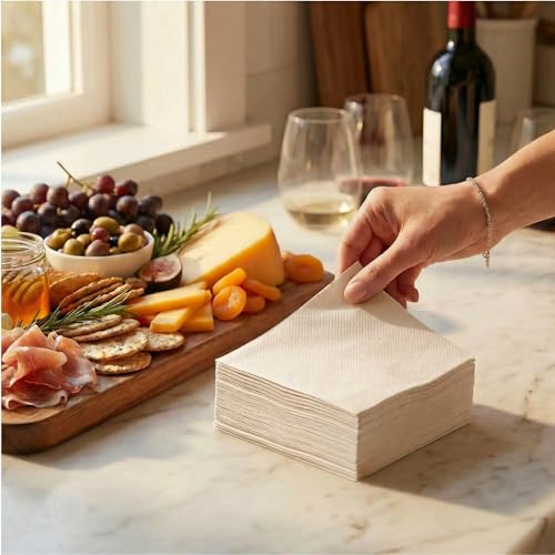 AMERICAN HOMESTEAD Sand Cocktail Napkins - Premium 4.75"x4.75" Disposable Linen-Like Beverage Napkins - Bulk Square Party Bar Serviettes for Weddings, Parties, Events, and Everyday Use - 100 Count - color: Sand, size: 4.75 x 4.75
