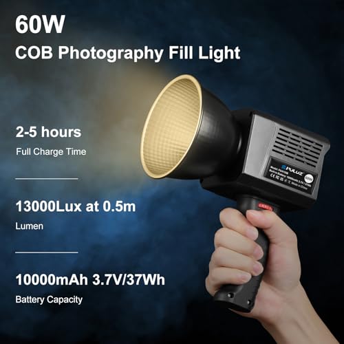 60W LED Video Light, PULUZ 2500K-6500K Dual Color Temp, 13000Lux CRI 95+ COB Fill Light with 10000mAh Rechargeable Battery & 8 Effects for Vlogging/Live Stream/Outdoor Shooting