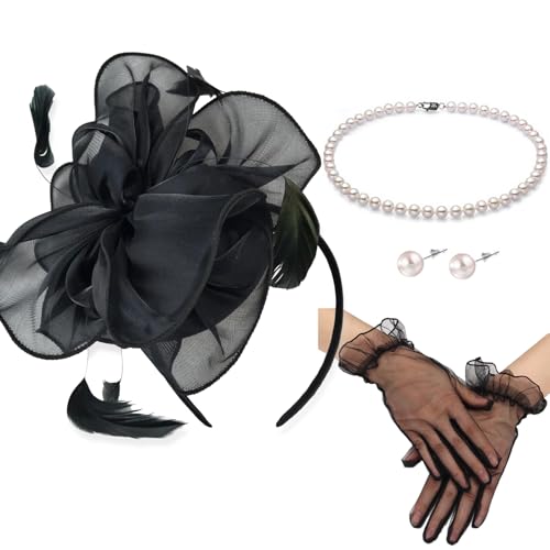 Fascinators Hats with Gloves Set for Women 20s 50s Cocktail Tea Party Wedding Costume Headwear - color: 03-black
