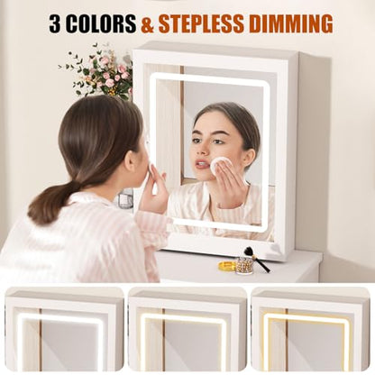 Vanity Desk with Mirror and Lights,Makeup Vanity with Extra Hidden Stroage,Makeup Desk with 4 Drawers 7 Open Shelves,Dressing Table for Bedroom,3 Color Light Modes,Small Vanity Desk（US Fast Arrival）