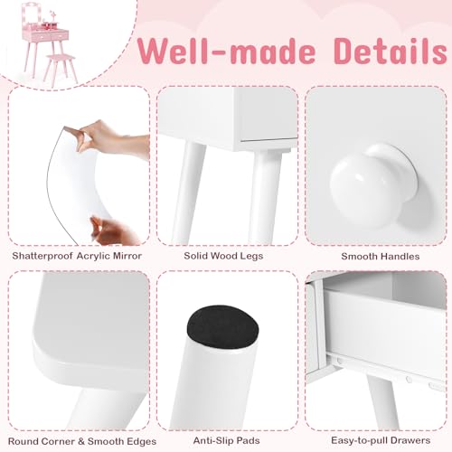 Arlopu Kids Vanity Set and Mirror, Wooden Pretend Play Vanity Table and Chair Set for Girls with Stool, Drawer, Princess Makeup Dress-Up Toy for Toddlers 3+Year Old (White) - color: White