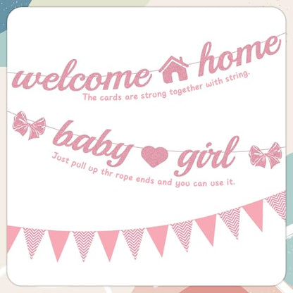 Welcome Home Baby Girl Decorations - 42 Pcs Pink Bow Baby Shower Decoration Banners Hanging Swirls Large Cake Topper Cupcakes Triangle Flag Balloons for Girls Baby Party Photo Props Decor Supplies