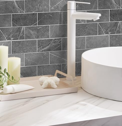 COLAMO Swatch Dark Gray Peel and Stick Large Subway Tile Faux Stone Tile Marble Tile for Kitchen Backsplash, RV Self Stick On Accent Wall Tile Stickers, Adhesive Mosaic Tiles for Bathroom Wall - color: Gray, size: Sample(6"x12")