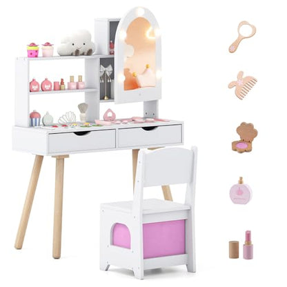 Costzon Kids Vanity with Lights, Girls Vanity Set with Mirror Cabinet, Storage Drawers, Hooks & Shelves, Toddler Makeup Vanity Desk Dressing Table, Wooden Kids Vanity Table and Chair Set (White) - style: White with Mirror Cabinet