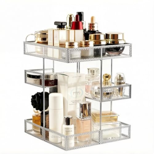 360 Degree Rotation Cosmetic Organizer -Premium Makeup Storage with Spin Base,Antique Countertop Cosmetic Storage,Large Capacity,Beauty Display for Countertop,Vanity or Bathroom (silver) - color: silver