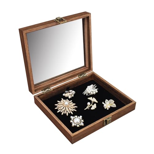 MOOCA Tempered-Glass Top Small Wooden Jewelry Display Case with Removable Black Luxurious Velvet Jewelry Display Pad, Deeper 2.2" Design for Collectibles, Brown Color. - color: Brown With Velvet Pad