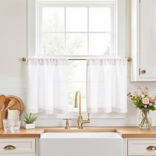 jinchan Kitchen Curtains Linen Tier Curtains 20 Inch Farmhouse Cafe Style Country Rustic Rod Pocket Light Filtering for Laundry Room Bathroom Sink RV Small Window 2 Panels White - color: Rod Pocket White, size: 26"W x 20"L (Pack of 2)