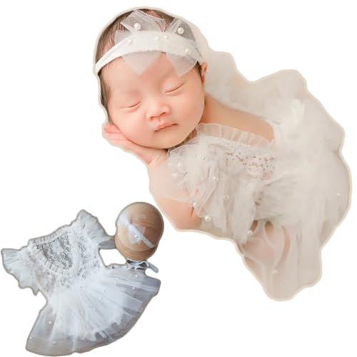 Zeroest Newborn Photography Outfits Girl Lace Romper Newborn Photography Props Rompers Baby Girls Skirt Photoshoot 3 PCS - color: White-short Sleeve