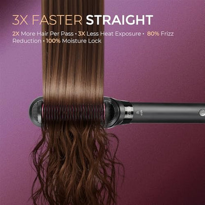 TYMO Flat Iron Hair Straightener Brush 2 in 1, 200M Ions Hair Straighteners for Women, Ceramic Straightening Hot Comb for Anti-Frizz Straights, Waves, Curl, 3X Less Heat Damage, Dual Voltage, Black