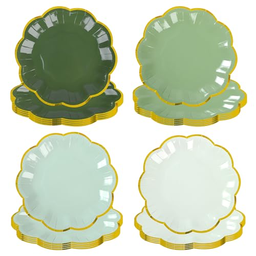 AimFun Sage Green Party Plates Gradient Green Dessert Paper Plate 7inch Gold Foil Scalloped Edge Disposable Cake Plates for Christmas Birthday Bridal Baby Shower Wedding Party Supplies (48) - color: Sage Green