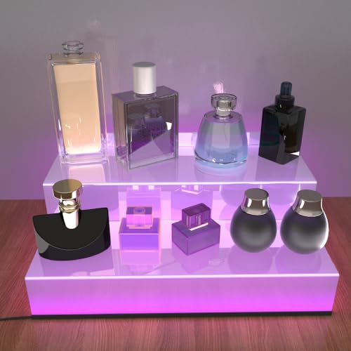 YMVV 12 Inch Acrylic Shelf for Perfume Organizer with LED Light, Large 2 Tier Cologne Organizer Tiered Riser Display Stand,Acrylic Display for Decoration and Organizer, Clear - color: LED+Clear+12IN+2 Tier