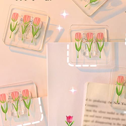 6 Pcs Square Plastic Clip Tulip Flowers Pattern Binder Paper Clamps for Home Office School Shop Supplies for File Picture Photo, Clear