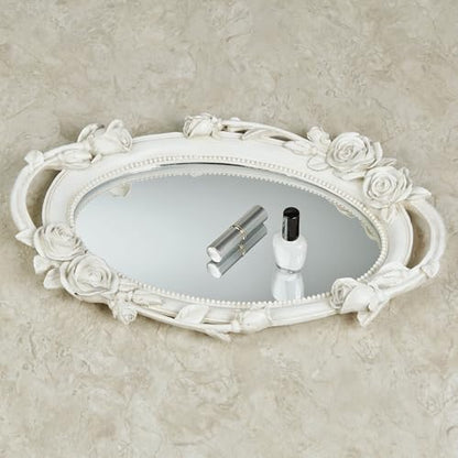 Elegant Rose Melody Mirrored Oval Vanity Tray | Handpainted Rose Flowers Florals Bloom Blossoms Vines | Antique White | Charming Sophisticated