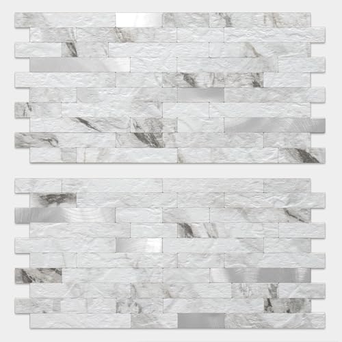 DICOFUN 20 Sheets White Marble Peel and Stick Backsplash Tile, Faux Stone PVC Mixed Metal Stick on Backsplash Kitchen Wall Tiles - color: White Marble + Metal Silver, size: 20 Sheets, 6’’x12’’x0.12’’