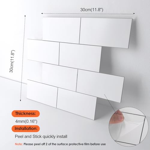 10- Sheet Polished White Peel and Stick Backsplash, 12’’Luxury PVC Ceramic Look Self Stick Subway Tiles, Waterproof Peel and Stick Wall Tiles for Kitchen and Bathrrom - color: Soft-Glossy White