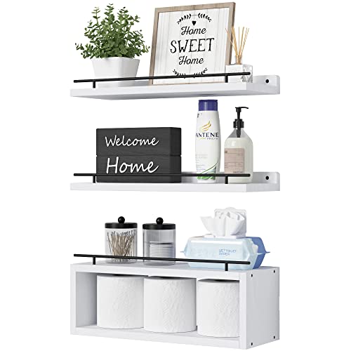 WOPITUES Floating Shelves for Wall with Cube Shelf, Wall Shelves with Metal Rail for Decor, Bathroom Organizers and Storage, Over Toilet Shelves for Bathroom, Toilet Paper-White - color: White, size: 15.7 inch