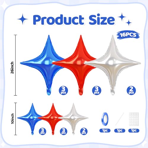 Blue Red Star Balloons, 16 PCS Silver Four Angle Star Foil Balloons, 26 Inch and 10 Inch Red Blue Stars Shaped Balloon for Graduation Birthday Baby Shower Anniversary Independence Day Party Decor - color: Blue Red