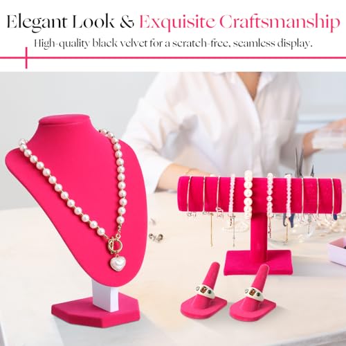 Wenqik 4 Pcs Velvet Jewelry Display Set Velvet Necklace Bust Holder Bracelet Organizer 2 Ring Finger Jewelry Holder - color: Rose Red