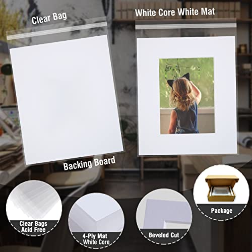 Falling in Art 5 Pack Acid Free 16x20'' White Picture Mats Board Show Kit for 11x14'' Pictures, 4-Ply Beveled Pre-Cut Photo Boards with Backing Board and Plastic Clear Bags - size: 16x20-5 Pack