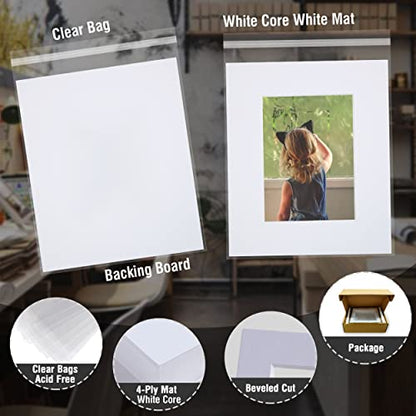 Falling in Art 5 Pack Acid Free 16x20'' White Picture Mats Board Show Kit for 11x14'' Pictures, 4-Ply Beveled Pre-Cut Photo Boards with Backing Board and Plastic Clear Bags - size: 16x20-5 Pack