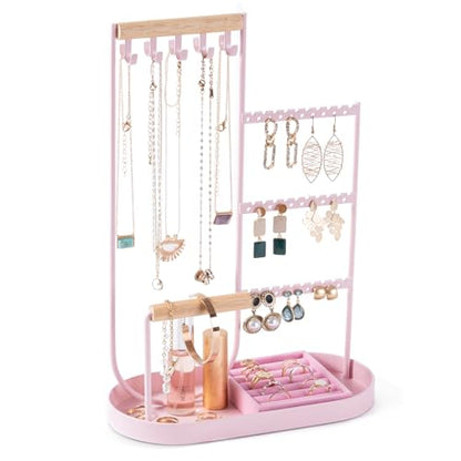 ProCase Jewelry Organizer Tower, 10 Hooks Jewelry Storage Rack Tree Holder Stand with Velvet Ring Display Tray for Necklaces Bracelets Earrings Rings Watches -Pink - color: Pink