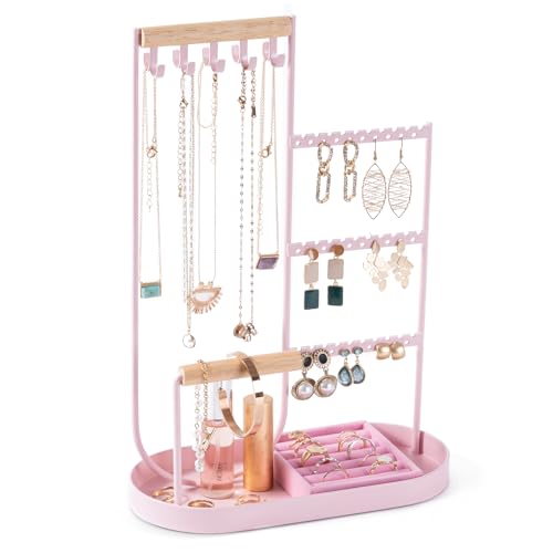 ProCase Jewelry Organizer Tower, 10 Hooks Jewelry Storage Rack Tree Holder Stand with Velvet Ring Display Tray for Necklaces Bracelets Earrings Rings Watches -Pink - color: Pink