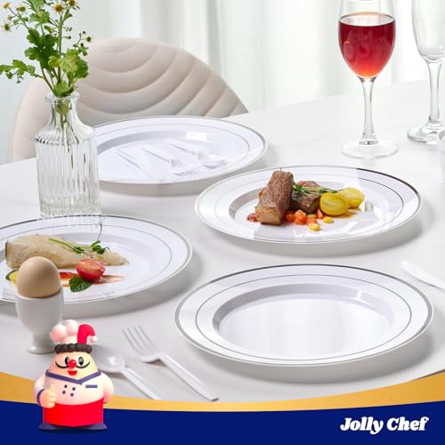 JOLLY CHEF 100 Pieces Silver Plastic Plates, 10 Inch Disposable Plates White Plate with Silver Rim, Heavy Duty Plastic Plates for Christmas, Birthdays and Weddings - style: Silver-100