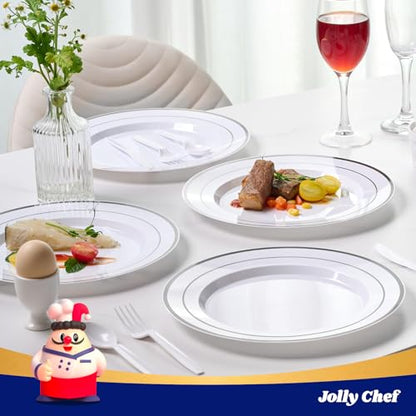 JOLLY CHEF 100 Pieces Silver Plastic Plates, 10 Inch Disposable Plates White Plate with Silver Rim, Heavy Duty Plastic Plates for Christmas, Birthdays and Weddings - style: Silver-100