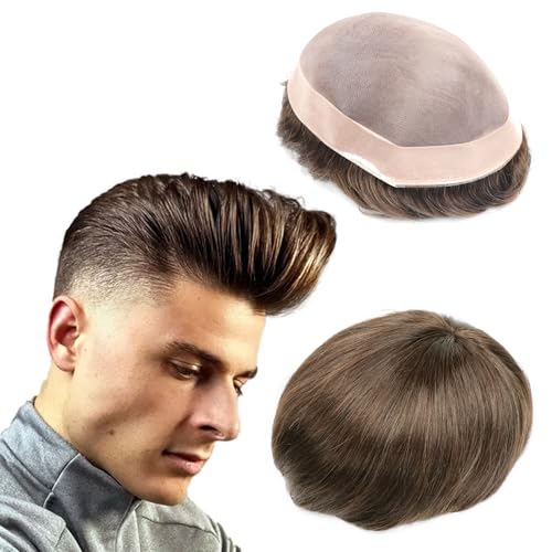 Toupee for Men Brown System Human Hair Pieces Male Hair Unit Replacement 6x8 Color 4# Durable Mono Lace NPU Man Prosthesis Natural Hairline Peluquin Para Hombre Long Lasting Mens Toupee - color: 4# brown - Mono NPU, size: 6x8 Inch