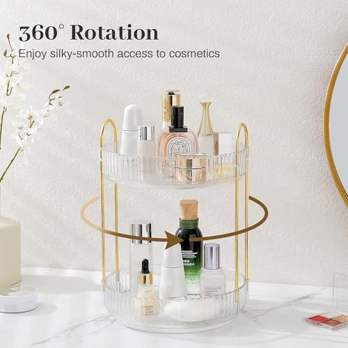 Rotating Makeup Organizer for Vanity, Skincare Make Up Storage Perfume Organizers for bathroom countertop, Clear Cosmetic Organizer for Dresser, Lipstick Hair product Spinning Stand Organizer (2 Tier, - color: Pearl White, size: Standard-2 Tier