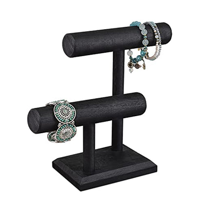 Ikee Design 2 Tier Wooden Jewelry Bracelet Watch Display Tower, Bangle Scrunchie Necklace Holder Storage Stand, 7.9 W x 4.3 D x 9.4 H in, Black Color - color: Black