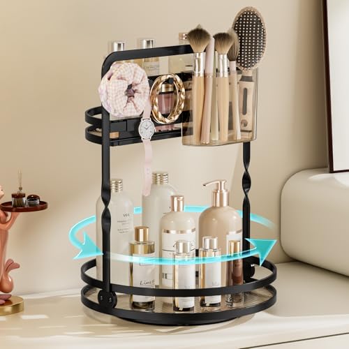 360 Rotating Makeup Organizer, Black Perfume Organizer for Dresser, 2-Tier Bathroom Countertop Organizer, Lazy Susan Skincare Storage, Spinning Vanity Tray with Jewelry Hooks & Brush Holder - color: Black