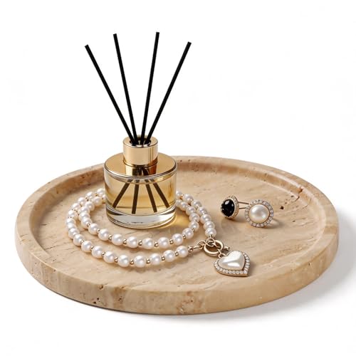 Natural Round Marble Tray - 7.8" Travertine Marble Vanity Tray for Dresser, Bathroom, Decorative Jewelry Dish for Perfumes Rings Earrings Necklaces, Stone Tray for Home Décor, Beige - color: Beige