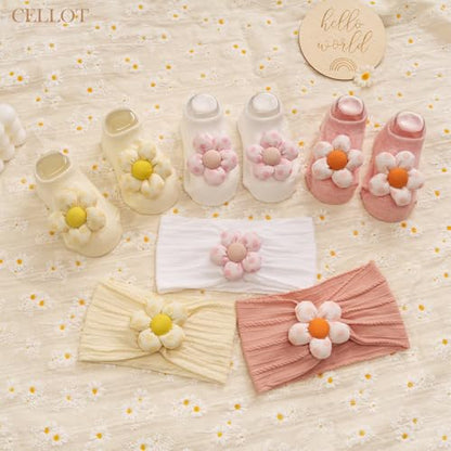 CÉLLOT Baby Girl Headband and Socks, Non-Slip Floral Socks and Soft Floral Nylon Hairbands for Babies Infants and Toddlers（dot） - color: White+Beige+Pink（Socks）