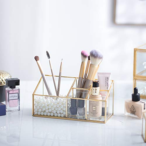 Golden Vintage Glass Box Clear Glass & Brass Metal Storage Jewelry and Cosmetic Makeup Brush Lipstick Holder Organizer Beauty Display with 5 Compartment