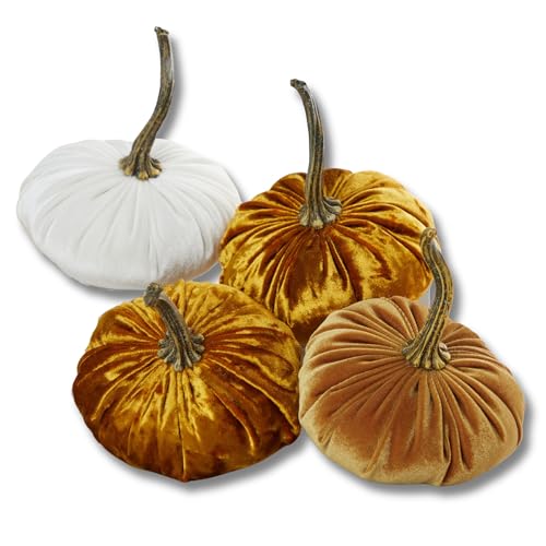 Set of 4 Small Velvet Pumpkins, Handmade Home Decor, Holiday Mantle Decor, Fall Halloween Thanksgiving Centerpiece, Rustic Fall Wedding Centerpiece (2 Luxe Medallion, Ivory, Gold) - color: 2 Luxe Medallion, Ivory, Gold